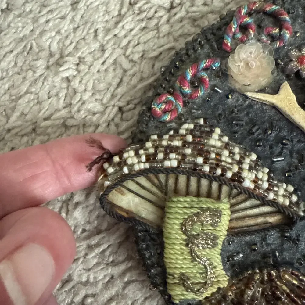 Vintage Beaded hand mirror with fairy mushroom and floral patterns